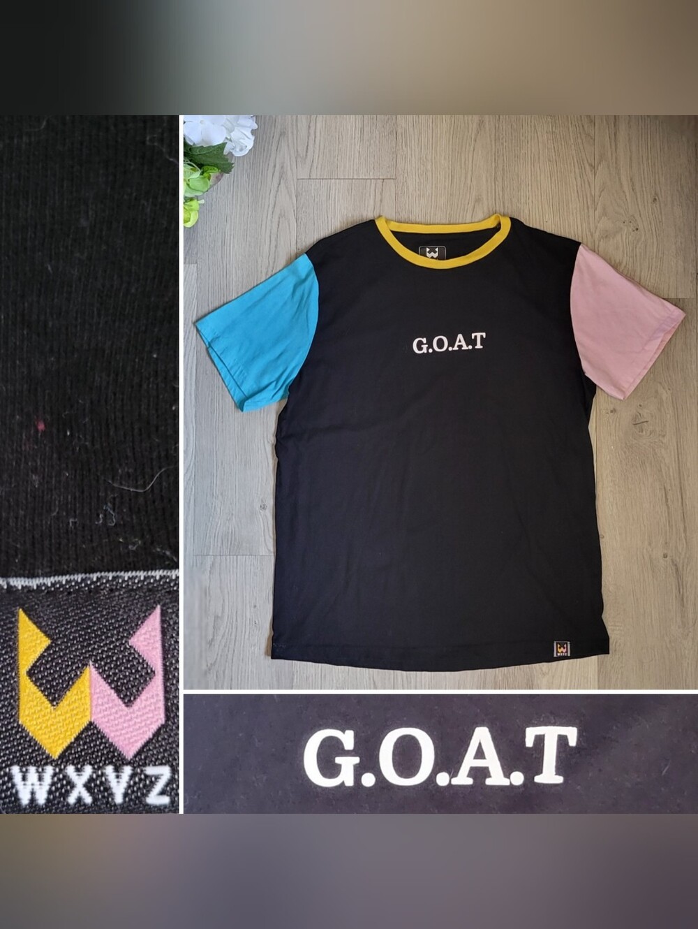 WXYZ G.O.A.T. Colorblock Black, Blue, Pink & Yellow Short Sleeve T-Shirt, Medium